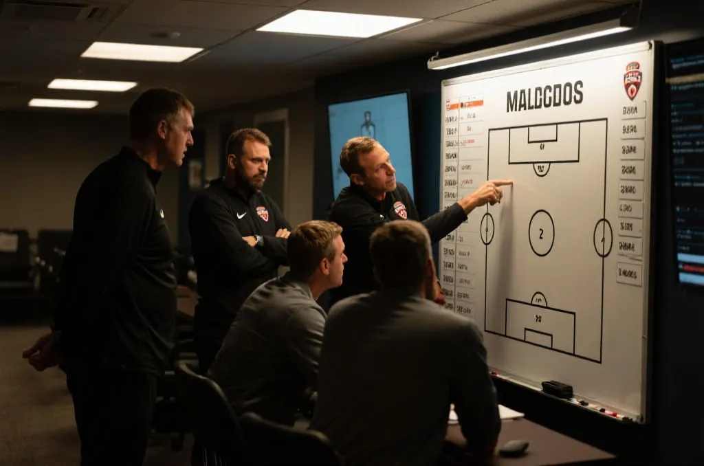 教练组研究世界杯球员名单和战术板